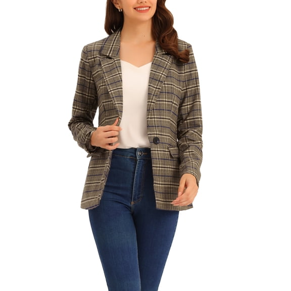 INSPIRE CHIC Women's Blazers Notched Lapel Long Sleeve One Button Plaid Blazer Blue Brown S