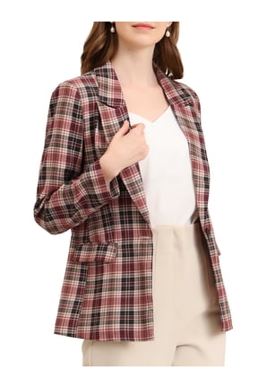 Women's Back to School Blazers Notched Lapel Long Sleeve One Button Plaid Blazer Brown Red S