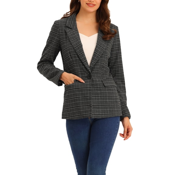 INSPIRE CHIC Women's Blazers Notched Lapel Long Sleeve One Button Plaid Blazer Grey Black S