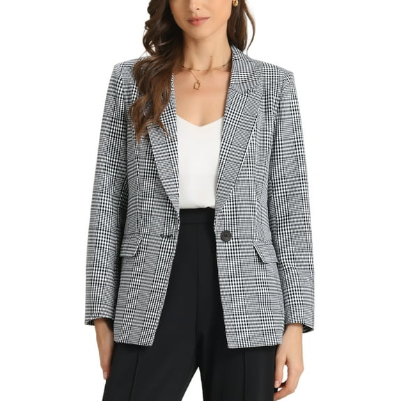 INSPIRE CHIC Women's Blazers Notched Lapel Long Sleeve One Button Plaid Blazer Black White Plaid XS