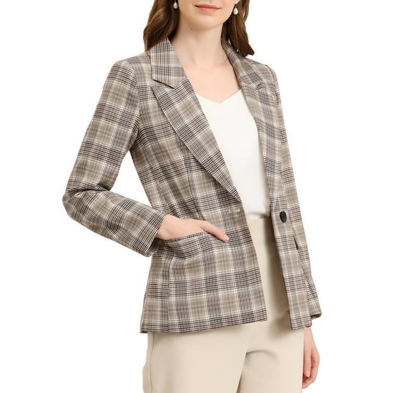 INSPIRE CHIC Women's Blazers Notched Lapel Long Sleeve One Button Plaid Blazer XS Brown Beige