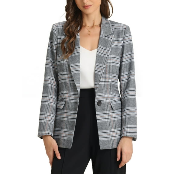 INSPIRE CHIC Women's Blazers Notched Lapel Long Sleeve One Button Plaid Blazer XS Grey