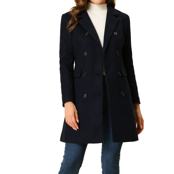 INSPIRE CHIC Women's Winter Coat Notched Lapel Double Breasted Trench Coat L Dark Blue