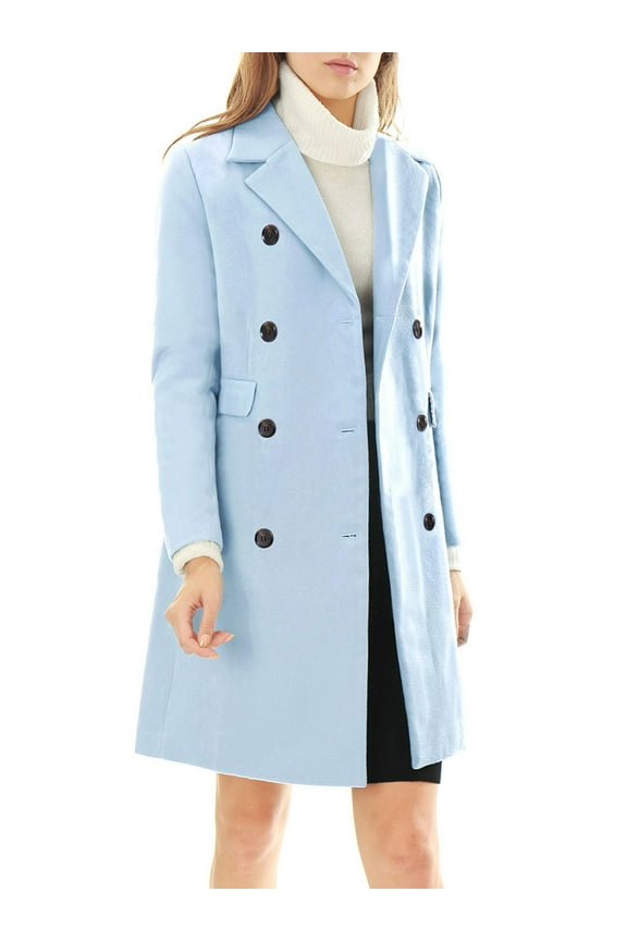 Women's Winter Coat Notched Lapel Double Breasted Trench Coat M Blues