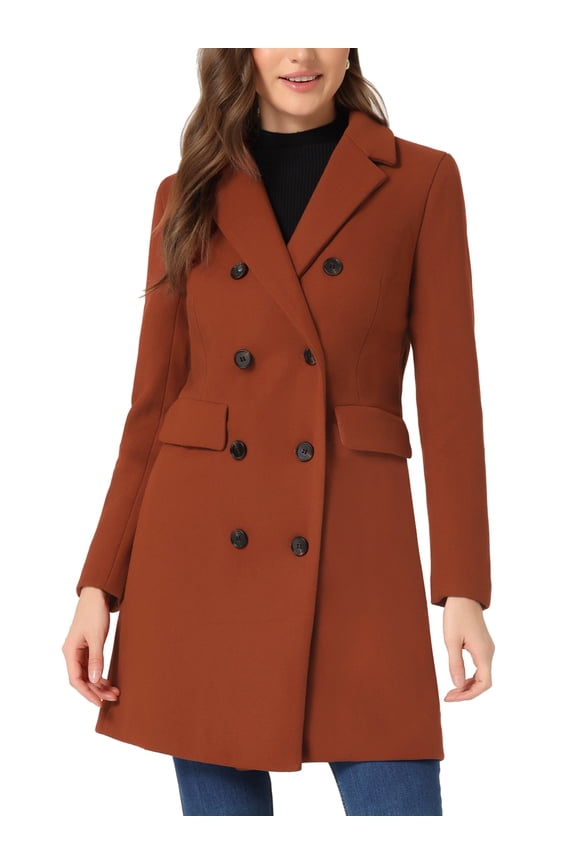 Women's Winter Coat Notched Lapel Double Breasted Trench Coat S Reddish Brown