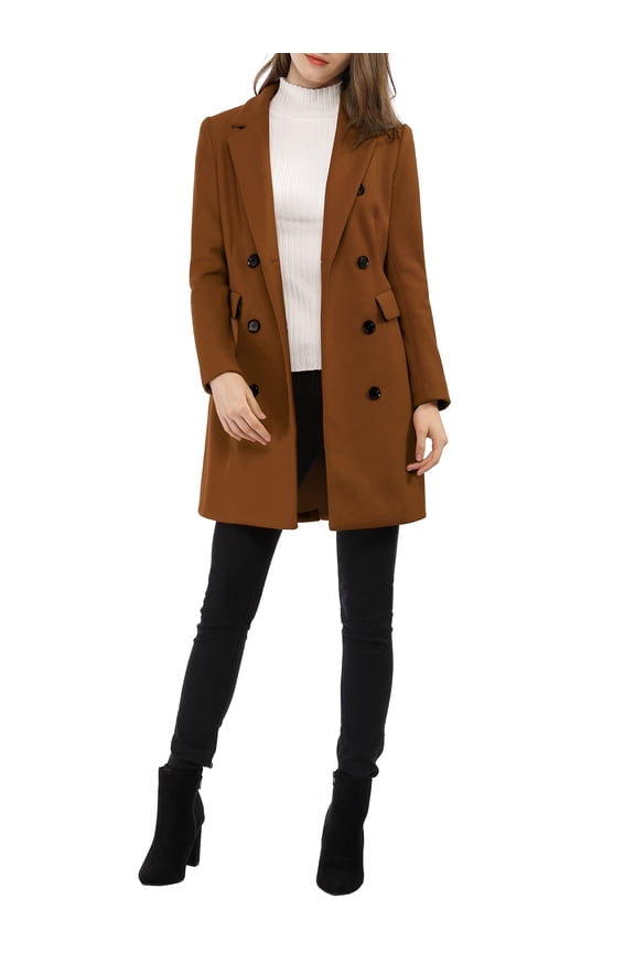 Women's Winter Coat Notched Lapel Double Breasted Trench Coat XL Dark Brown