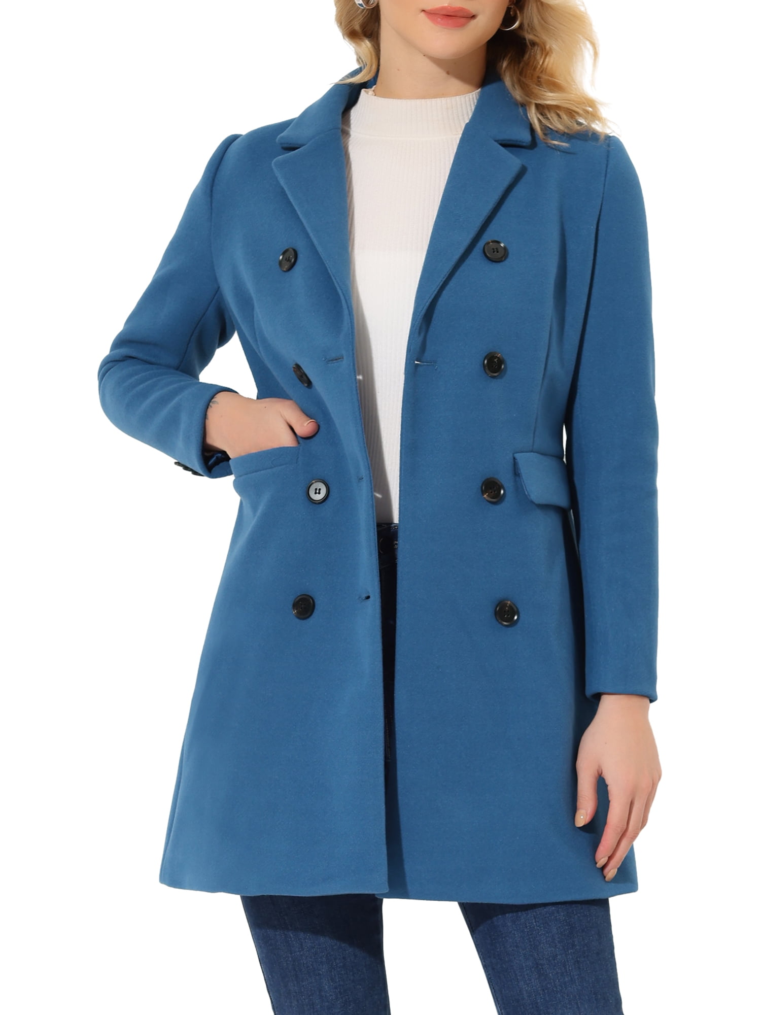 Allegra K Women's Notched Lapel Double Breasted Back Vent Longline