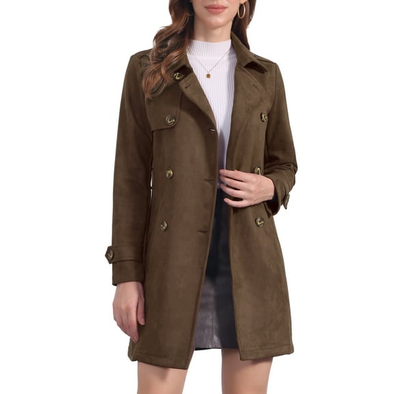 INSPIRE CHIC Women's Notched Lapel Double Breasted Faux Suede Trenchcoat S Coffee