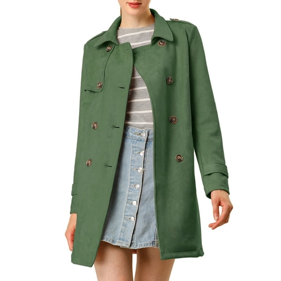INSPIRE CHIC Women's Notched Lapel Double Breasted Faux Suede Trenchcoat XL Green