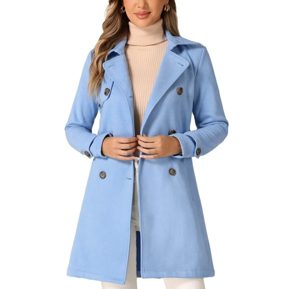 INSPIRE CHIC Women's Notched Lapel Double Breasted Faux Suede Trenchcoat S Sky Blue