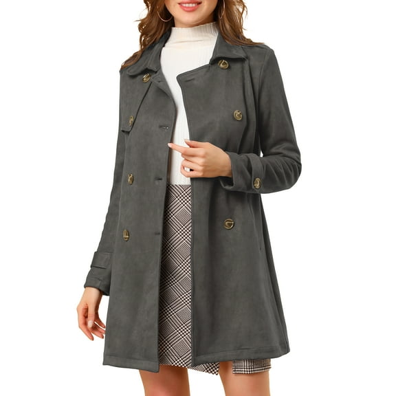 INSPIRE CHIC Women's Notched Lapel Double Breasted Faux Suede Trenchcoat XS Dark Gray