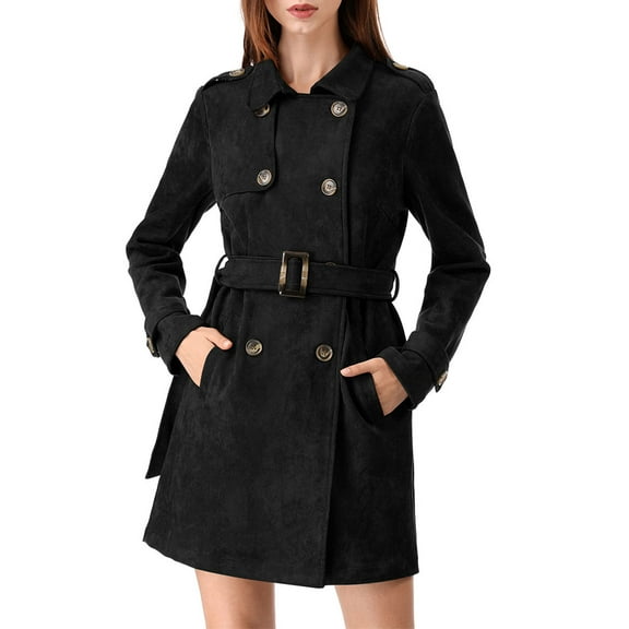 INSPIRE CHIC Women's Notched Lapel Double Breasted Faux Suede Trenchcoat XS Black