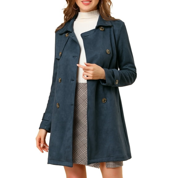 INSPIRE CHIC Women's Notched Lapel Double Breasted Faux Suede Trenchcoat S Dark Blue