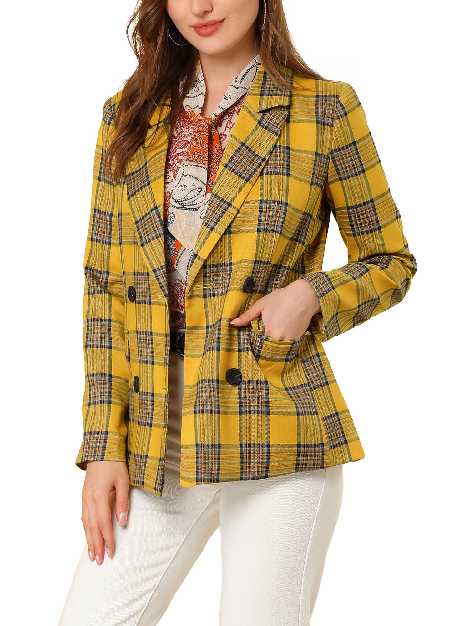 Blazer Femme Vintage Pied-de-Poule - Col Revers, 1 Bouton - Pour Bureau, Travail, Occasions Professionnelles - Taille XS