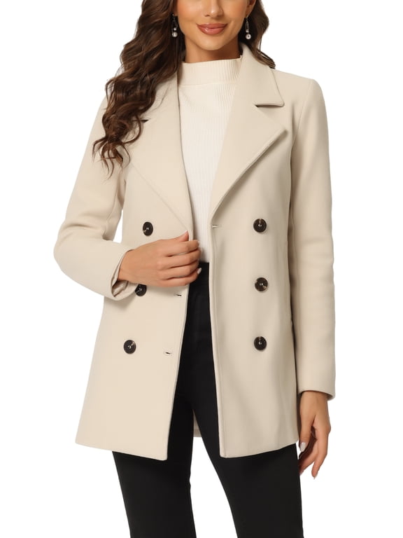 Women's Winter Coats Long Sleeve Lapel Mid-thigh Outerwear Double Breasted Pea Coat XS Beige