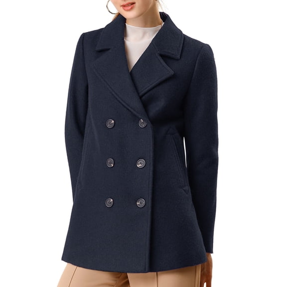INSPIRE CHIC Women's Winter Coats Long Sleeve Lapel Mid-thigh Outerwear Double Breasted Pea Coat L Dark Navy Blue