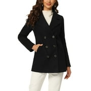 Women's Winter Coats Long Sleeve Lapel Mid-thigh Outerwear Double Breasted Pea Coat S Black