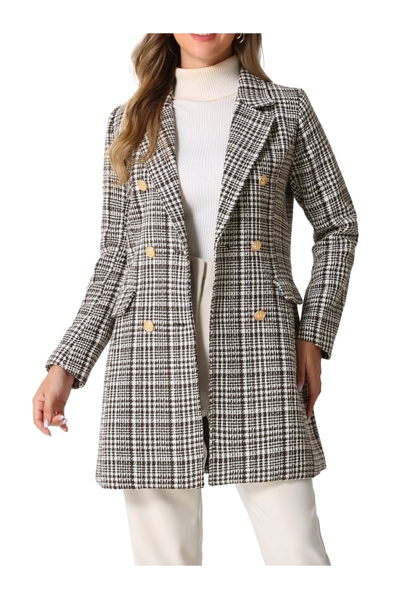 Women's Notched Lapel Elegant Plaid Double Breasted Tweed Blazer Coat
