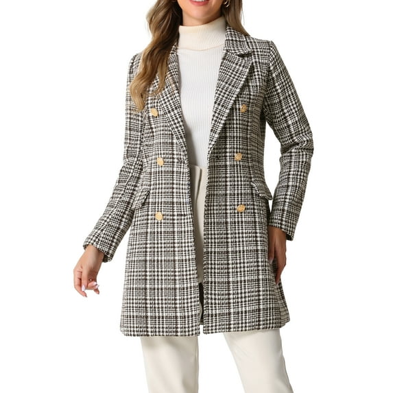 INSPIRE CHIC Women's Notched Lapel Elegant Plaid Double Breasted Tweed Blazer Coat XS Brown