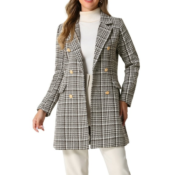 INSPIRE CHIC Women's Notched Lapel Elegant Plaid Double Breasted Tweed Blazer Coat