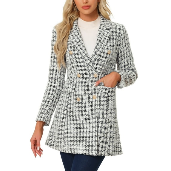 INSPIRE CHIC Women's Notched Lapel Elegant Plaid Double Breasted Tweed Blazer Coat
