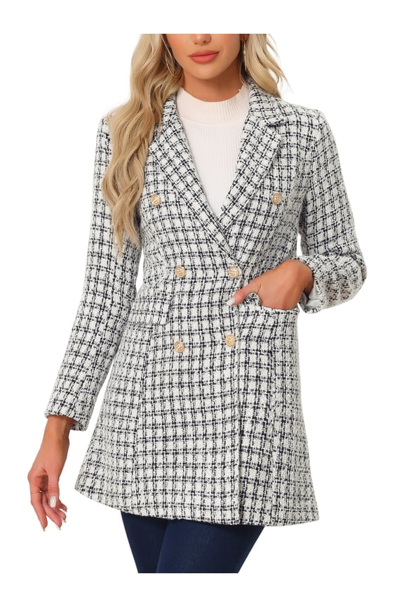 Women's Notched Lapel Elegant Plaid Double Breasted Tweed Blazer Coat