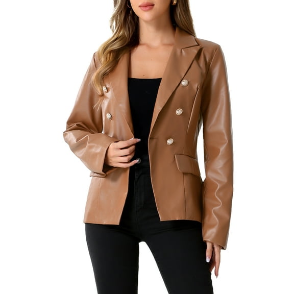 INSPIRE CHIC Women's Notched Lapel Faux Leather Blazer Double Breasted PU Work Formal Jackets