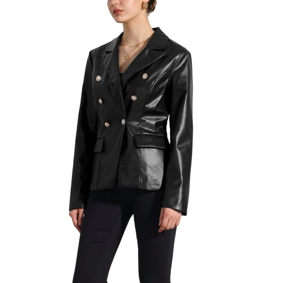 INSPIRE CHIC Women's Notched Lapel Faux Leather Blazer Double Breasted PU Work Formal Jackets
