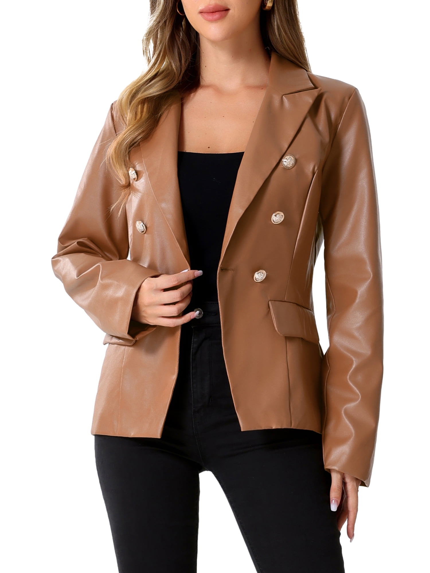 INSPIRE CHIC Women's Notched Lapel Faux Leather Blazer Double Breasted PU Work Formal Jackets