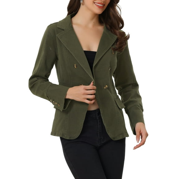 INSPIRE CHIC Women's Notched Lapel Long Sleeve Button Denim Jacket with Pockets S Army Green
