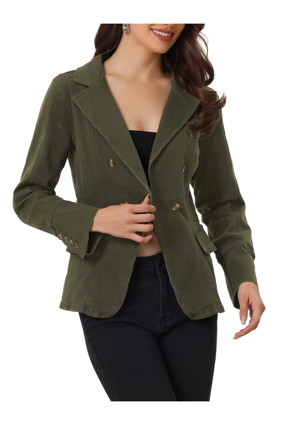 Women's Notched Lapel Long Sleeve Button Denim Jacket with Pockets S Army Green