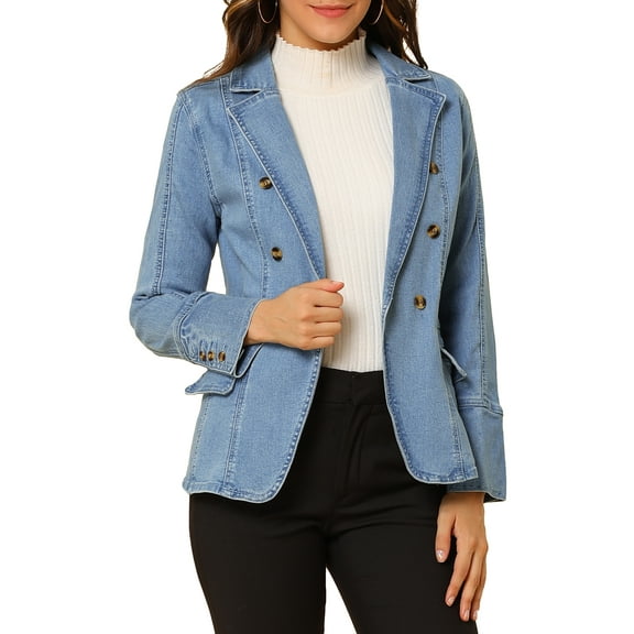 INSPIRE CHIC Women's Notched Lapel Long Sleeve Button Denim Jacket with Pockets M Pale Blue
