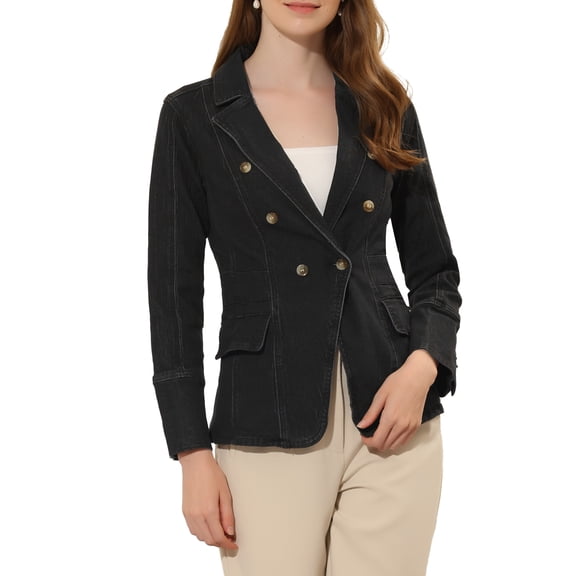 INSPIRE CHIC Women's Jean Blazer Lapel Notch Collar Long Sleeve Denim Jackets XL Black
