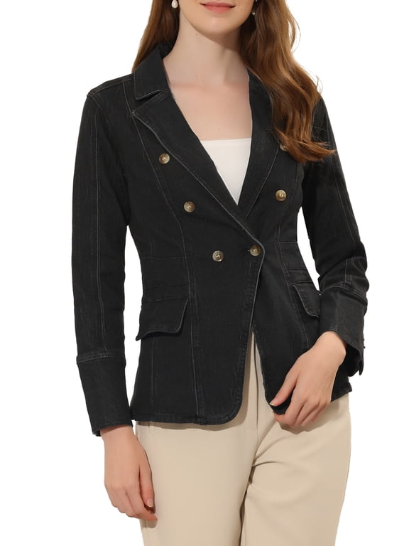 Women's Jean Blazer Lapel Notch Collar Long Sleeve Denim Jackets M Black