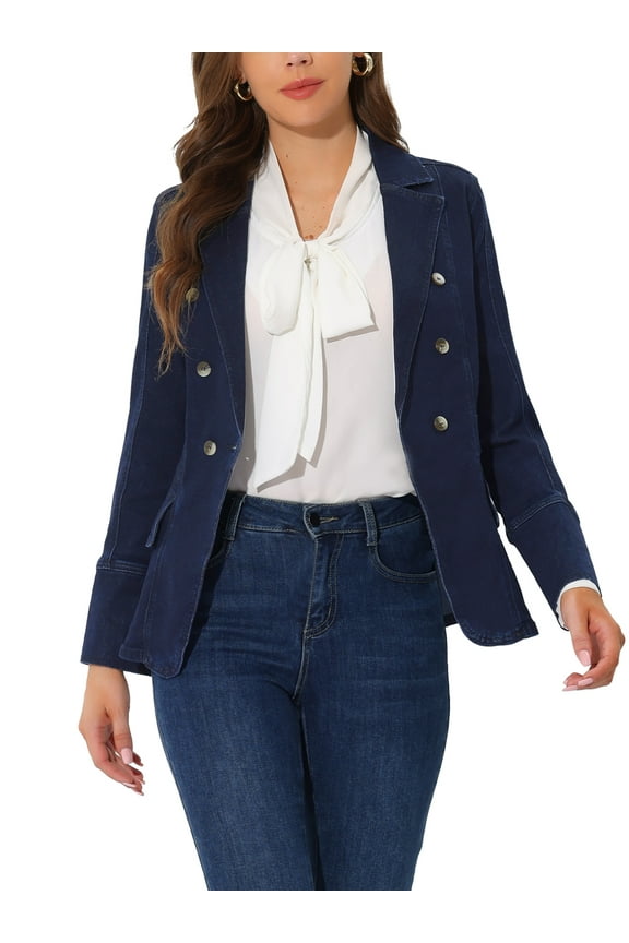 Women's Notched Lapel Long Sleeve Button Denim Jacket with Pockets XL Black-Blue
