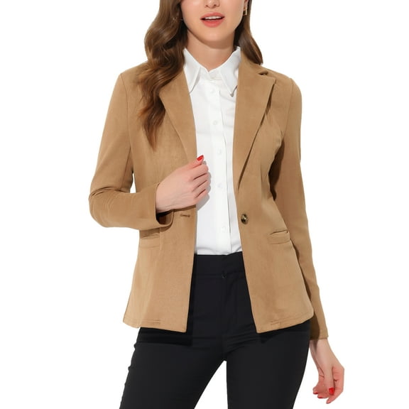 INSPIRE CHIC Women's Faux Suede Blazer Lapel Collar Long Sleeves Wear-to-Work Jacket XS Khaki