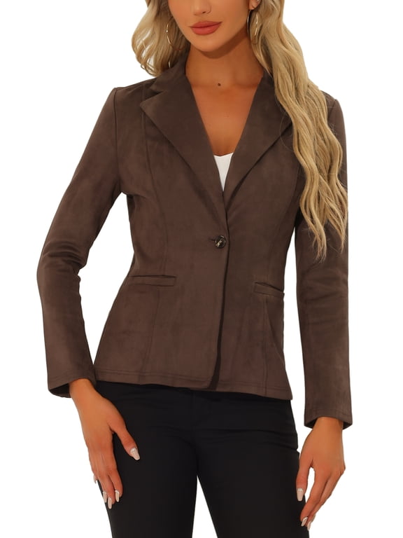 Women's Faux Suede Blazer Lapel Collar Long Sleeves Wear-to-Work Jacket XS Coffee