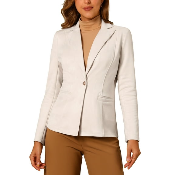 INSPIRE CHIC Women's Faux Suede Blazer Lapel Collar Long Sleeves Wear-to-Work Jacket L Beige