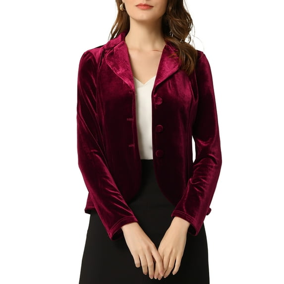 INSPIRE CHIC Women's Notched Lapel Long Sleeve Button Velvet Blazer L Burgundy