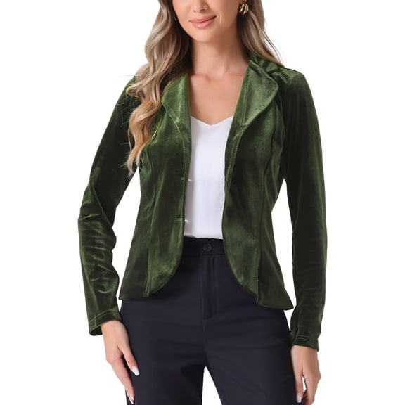 INSPIRE CHIC Women's Notched Lapel Long Sleeve Button Velvet Blazer S Army Green