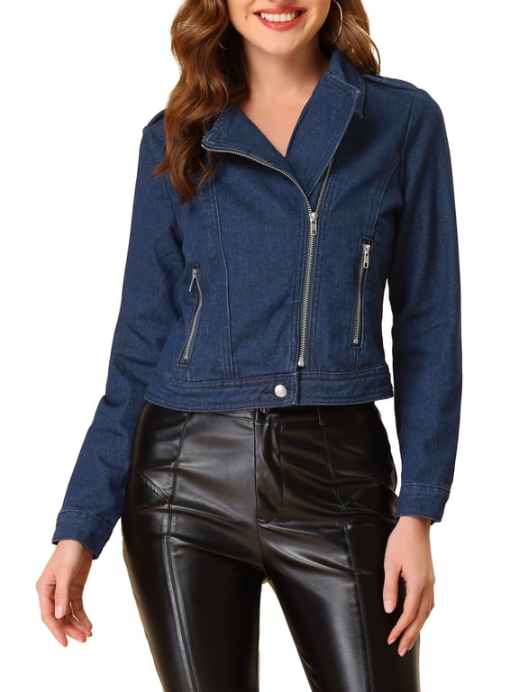 Women's Notched Lapel Long Sleeves Asymmetric Zip Moto Denim Jacket S Dark Blue