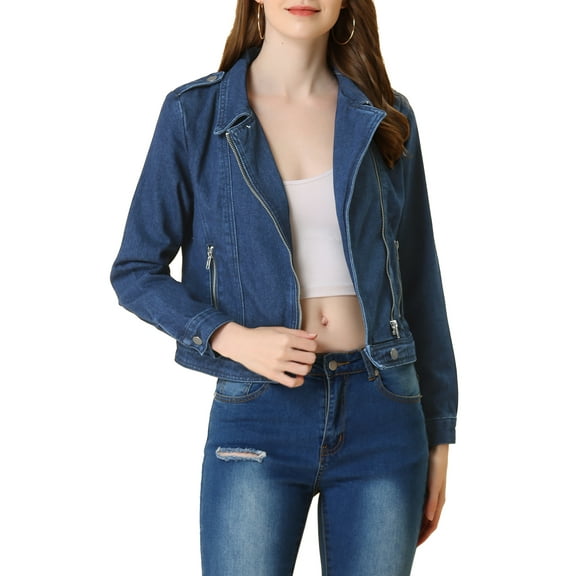 INSPIRE CHIC Women's Notched Lapel Long Sleeves Asymmetric Zip Moto Denim Jacket S Mid Blue