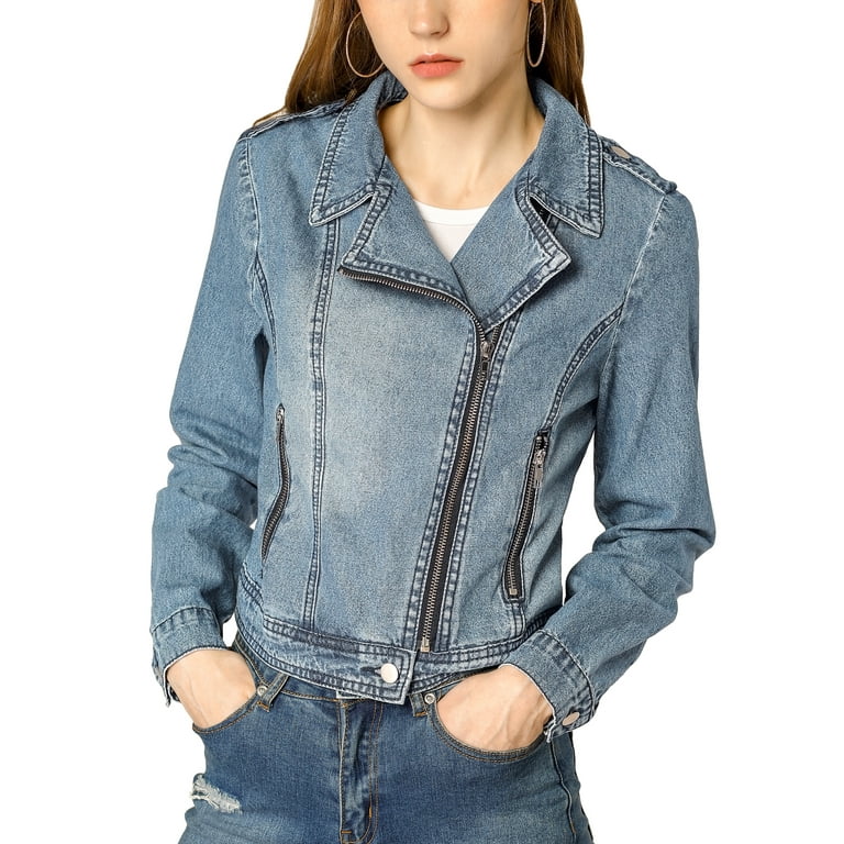 Allegra K Women's Notched Lapel Long Sleeves Asymmetric Zip Moto Denim  Jacket 