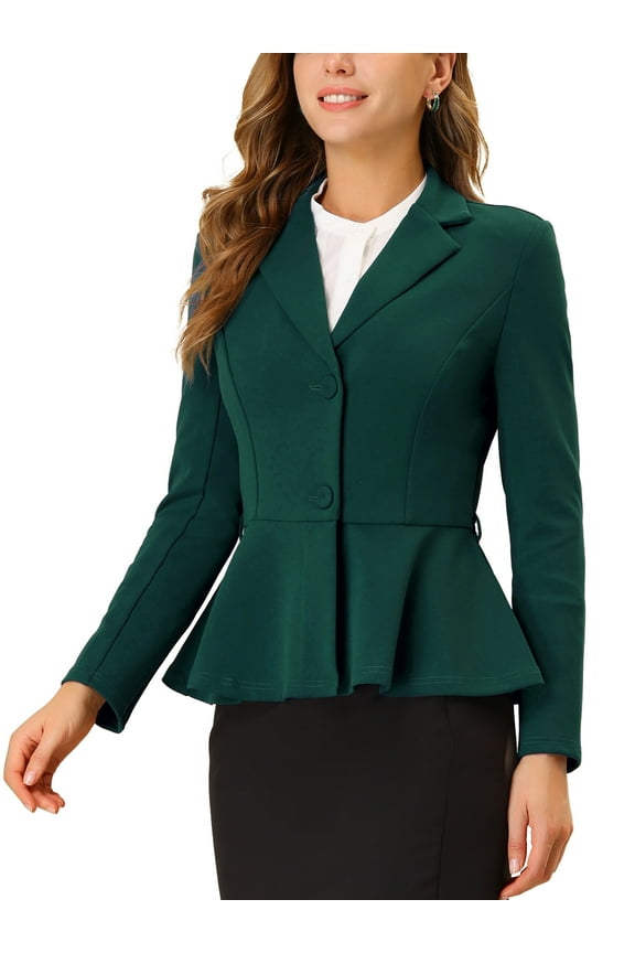 Women's Notched Lapel Long Sleeves Belted Work Office Peplum Blazer S Dark Green