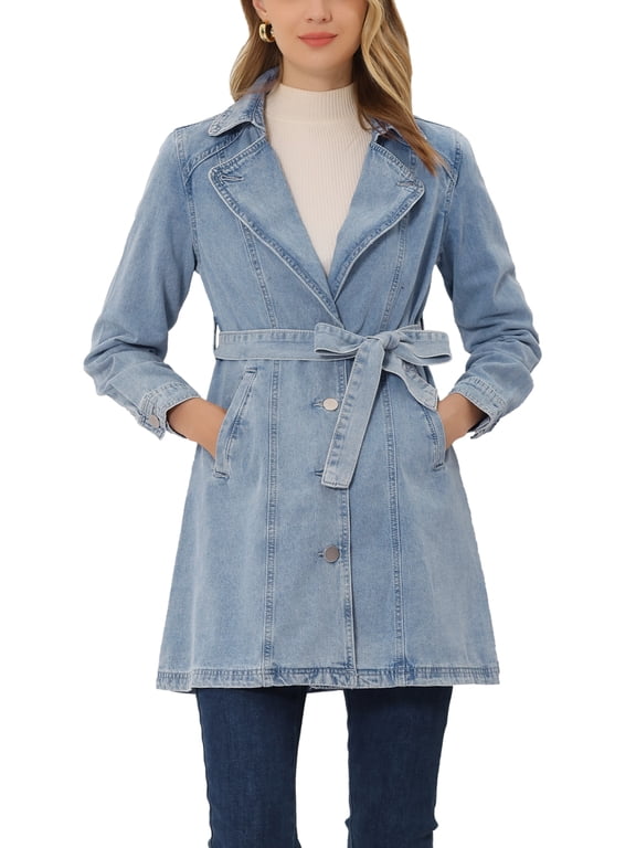 Women's Notched Lapel Long Sleeves Button Belted Long Denim Jacket S Blue Gray