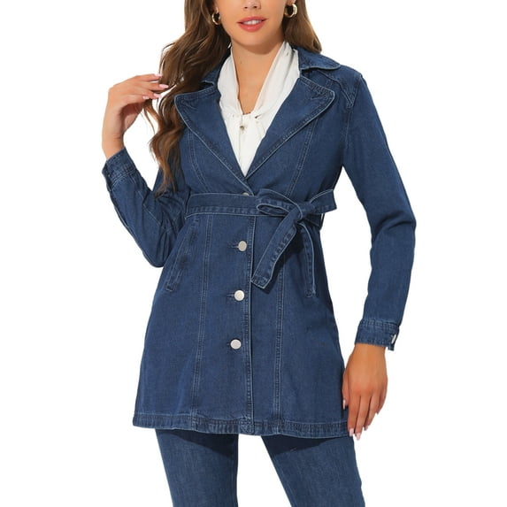 Allegra K Women's Notched Lapel Long Sleeves Button Belted Long Denim Jacket