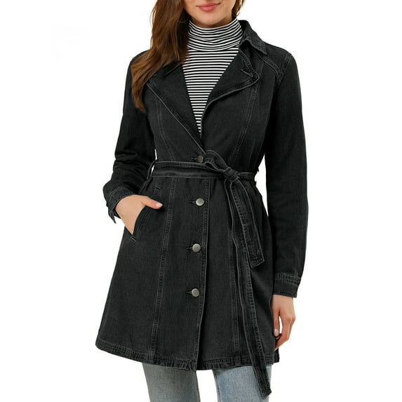 INSPIRE CHIC Women's Notched Lapel Long Sleeves Button Belted Long Denim Jacket