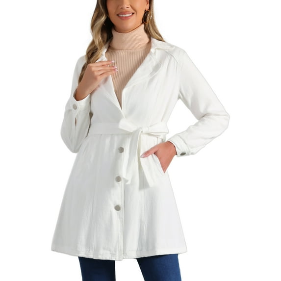 INSPIRE CHIC Women's Notched Lapel Long Sleeves Button Belted Long Denim Jacket