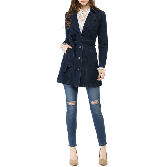 INSPIRE CHIC Women's Notched Lapel Long Sleeves Button Belted Long Denim Jacket