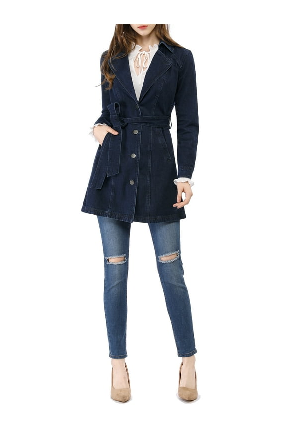 Women's Notched Lapel Long Sleeves Button Belted Long Denim Jacket